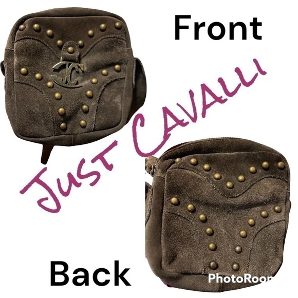 JUST Cavalli Brown Suede Leather Studded Crossbody Bag - Picture 2 of 7